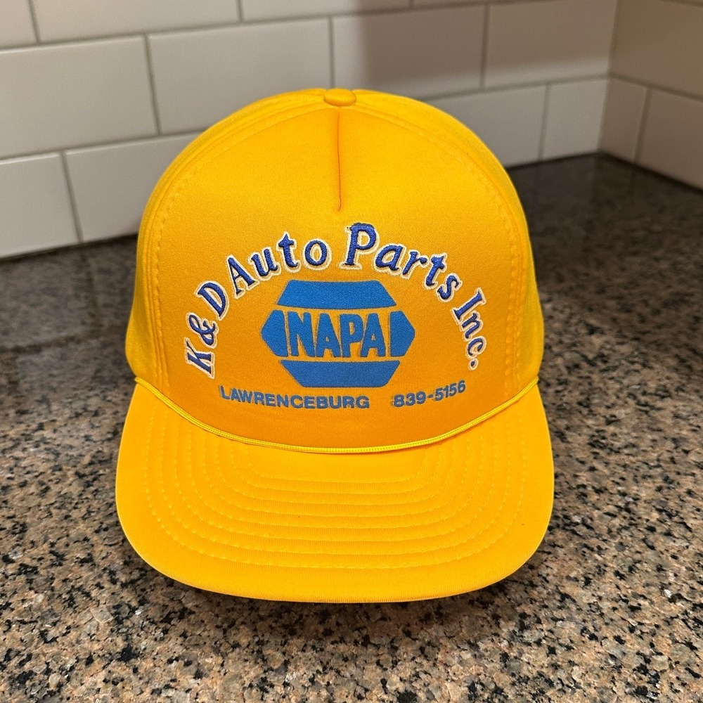 Vtg NAPA K&D Auto Parts Inc. Lawrenceburg KY Mohr's Trucker Hat Yellow Snapback